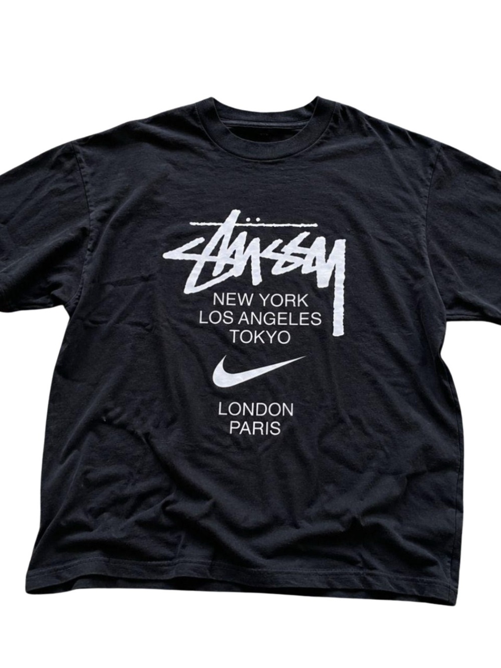 Black Short Sleeve Tee with White Stussy & Nike Graphics